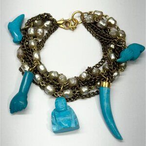 Vintage multi chain pearl semi precious stone charm bracelet